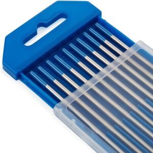 Tungsten Type : 2% lanthanated Electrode dia :2.4mm / 3/32" Electrode Length :175mm / 7” No of electrodes :10 pcs Power supply: AC/DC Recommended metal: Aluminum Alloy. Magnesium Alloy, Nickel Alloy, Copper Alloy, Titanium Alloy, Low-Alloyed Steel, Stainless Steel.